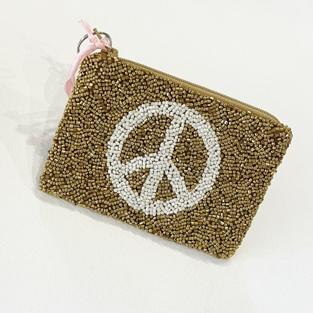 NWT Tiana NY Hand Beaded 'Peace Out' Gold and Ivory Zippered Case
